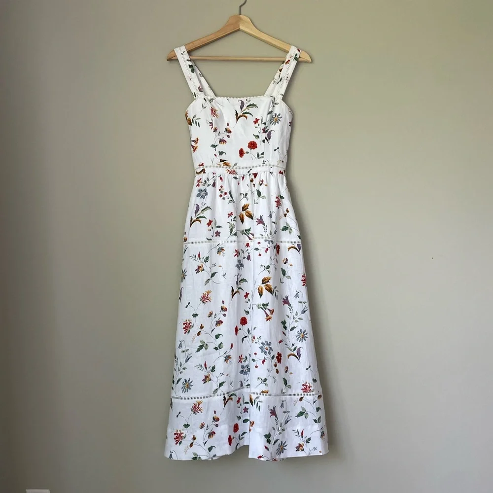 NEW Reformation Everett Linen Midi Dress Corsini White Multi Floral | US 4 UK 8 - Picture 8 of 16